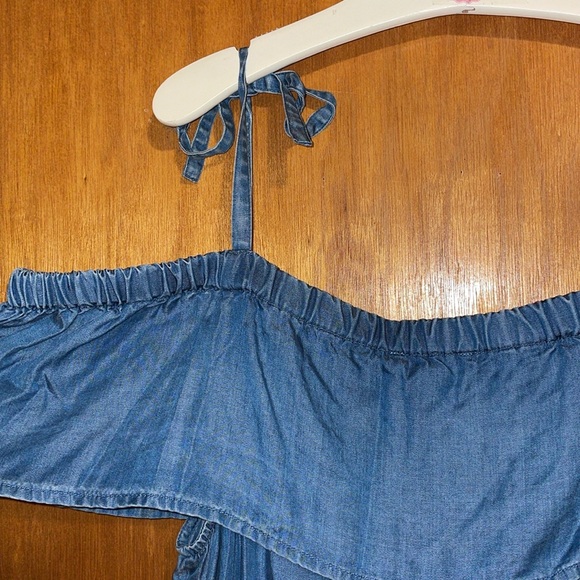 •LUCKY BRAND•CHAMBRAY BUTTON & RUFFLE FRONT OFF-THE-SHOULDER BLOUSE SIZE MEDIUM - Picture 8 of 9
